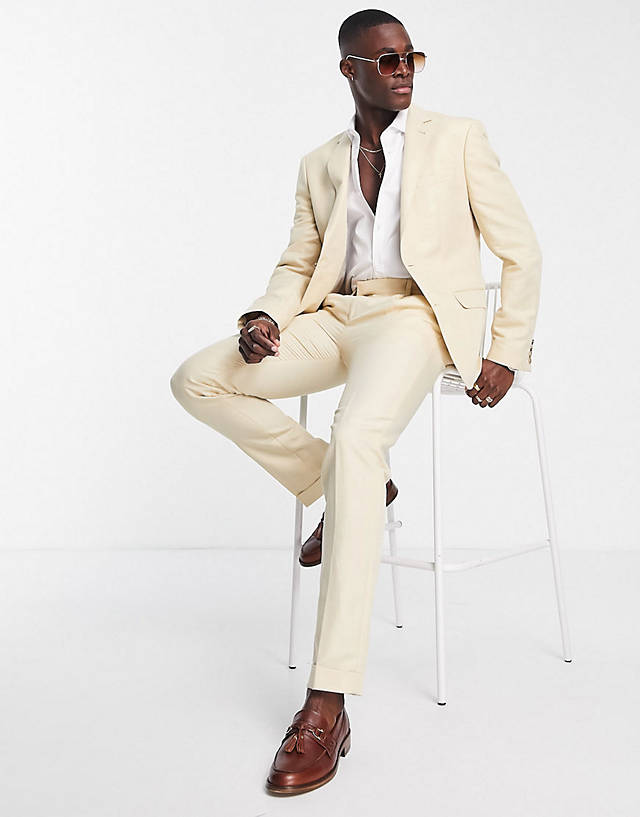 Noak - slim suit in stone linen mix with anti-wrinkle finish