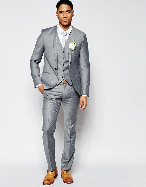 Noak Summer Flannel Light Grey Wedding Suit in Super Skinny Fit