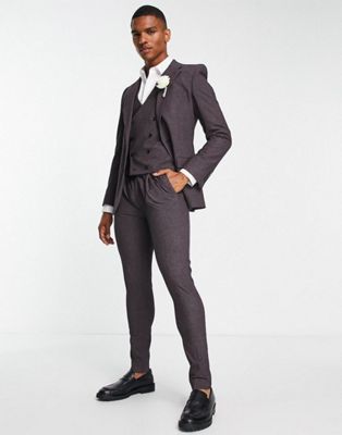 Noak super skinny premium fabric suit in burgundy micro-texture