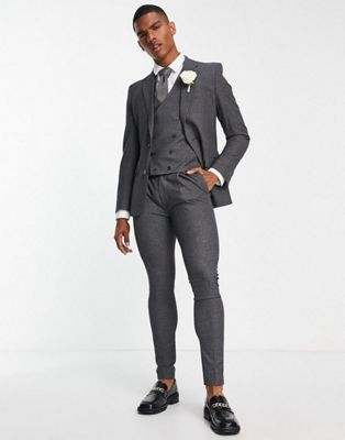 Noak super skinny premium fabric suit waistcoat in charcoal micro-texture