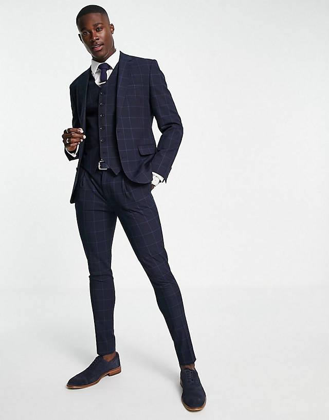 Noak - super skinny suit in navy windowpane check with four-way stretch