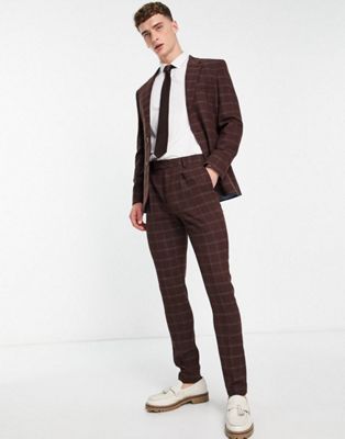 Noak wool-rich skinny suit in burgundy check