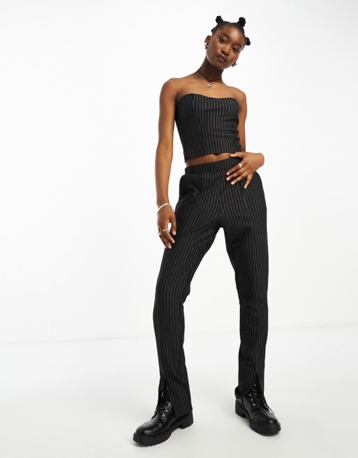 Noisy May bandeau & pants set in gray pinstripe