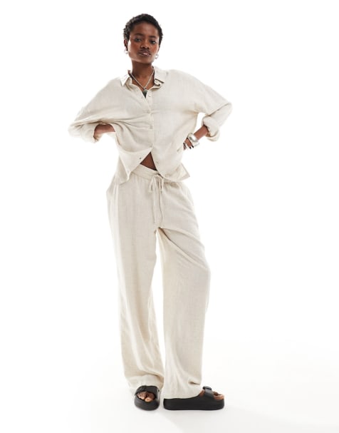 Noisy May - Co-ord set van overhemd en broek van linnenmix in lichtbeige - view 1