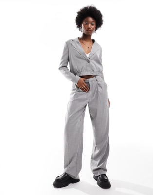 Noisy May cropped blazer & wide leg tailored co ord in light grey