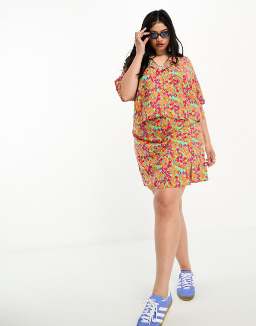 Noisy May Curve mini skirt & shirt co-ord in bright floral