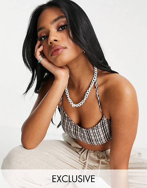 Noisy May exclusive oversized shirt & bralet co-ord in grey check