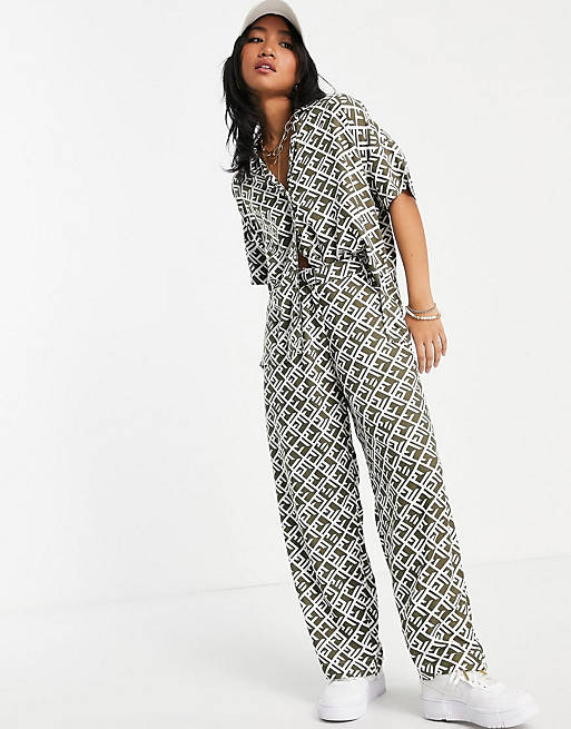 Noisy May Petite oversized shirt & trousers co-ord in brown abstract print