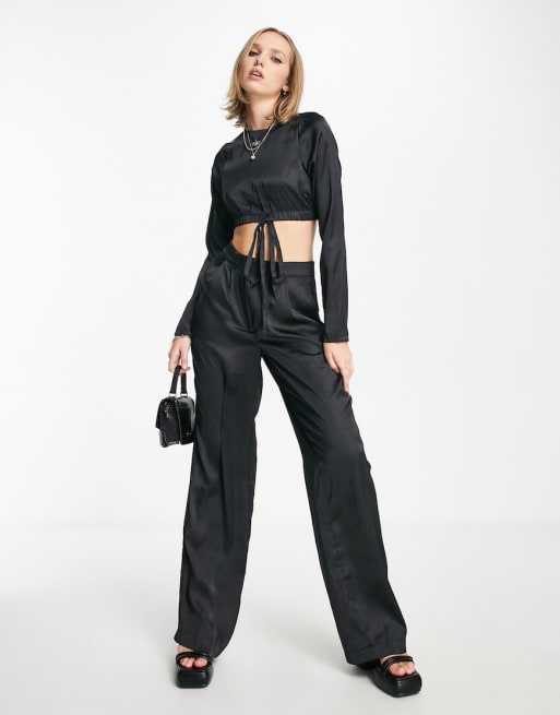 Noisy May Petite satin wide leg pants in black