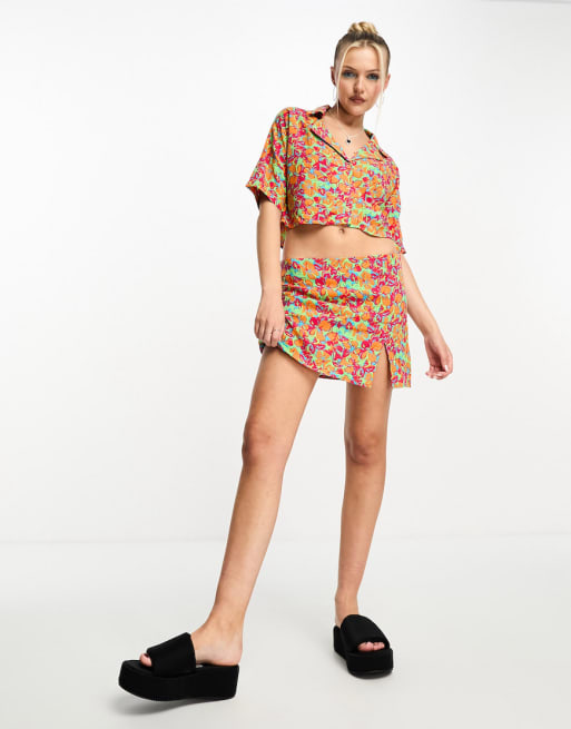 Noisy May shirt & low waisted mini skirt set in bright floral