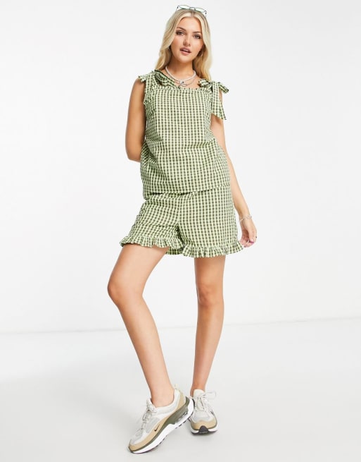 Noisy May - Swingtop met seersuckerstof met gestrikte schouderbandjes en gingham ruit in groen, deel van co-ord set