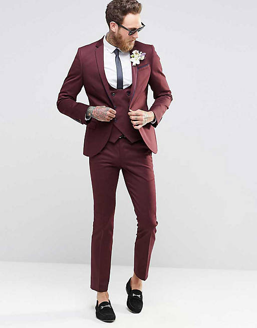 Noose & Monkey Suit With Contrast Piping In Super Skinny Fit in Red | ASOS