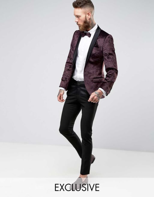 Noose & Super Skinny Blazer Purple Crushed Velvet With Matching |