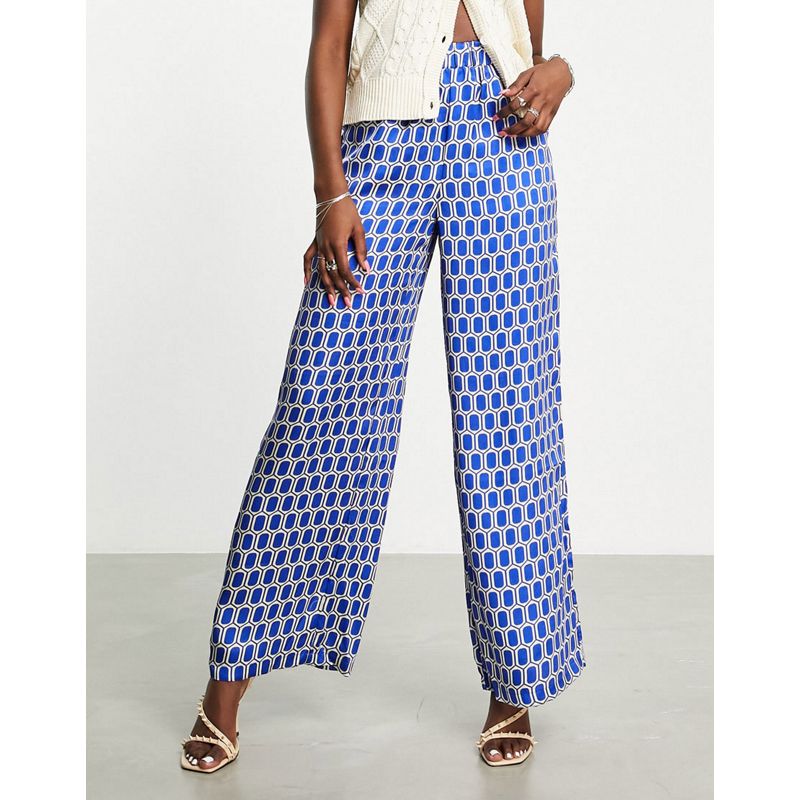 Pantaloni e leggings Donna Object - Coordinato con vestito a portafoglio e pantaloni in raso blu con stampa