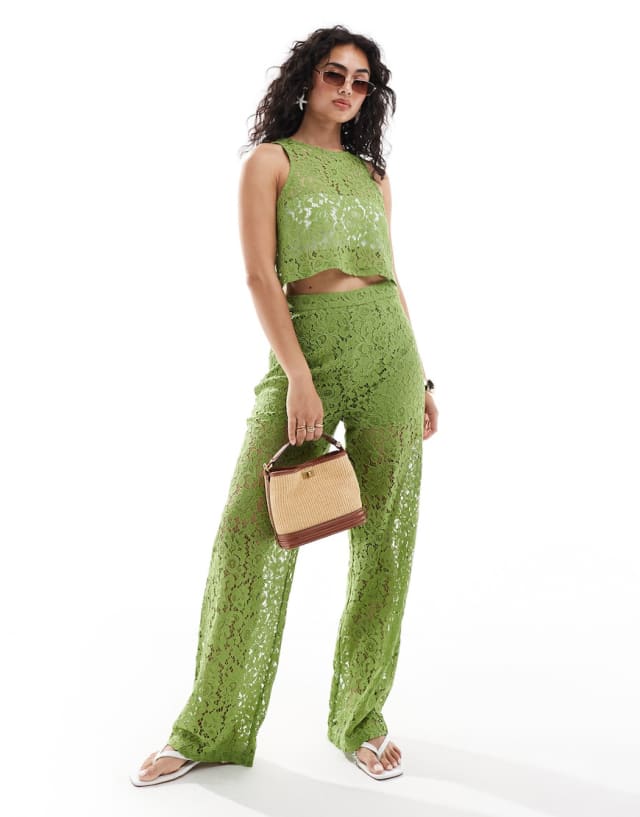 Object - cropped lace tank top and wide leg trouser co-ord in green