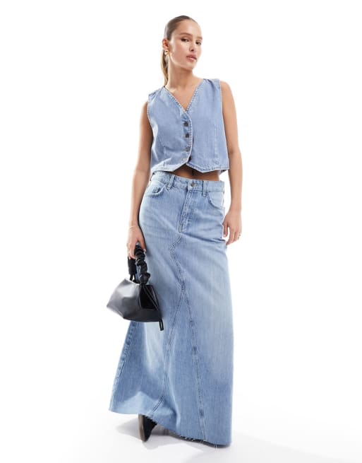 Object full cropped denim vest and maxi skirt set in light blue wash