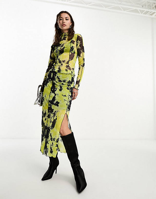 Object - lettuce edge mesh top and skirt co-ord in mixed lime print