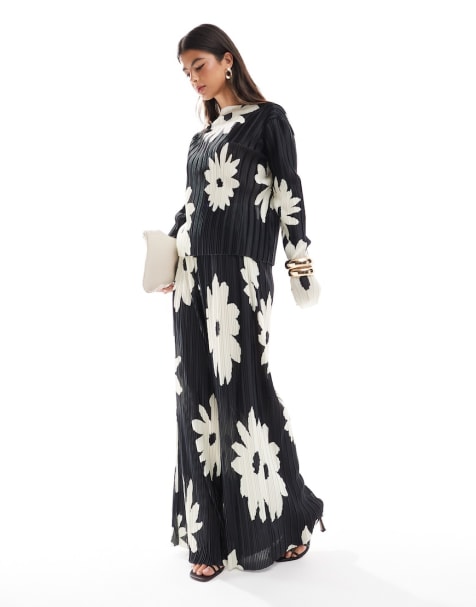 Object plisse long sleeve top and wide leg trouser co-ord in black flower print - view 1