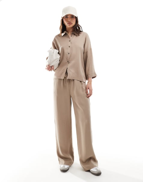 Object soft wide sleeve shirt and drawstring trouser co-ord in stone - view 1