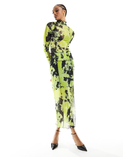 Object Tall lettuce edge mesh top and maxi skirt set in mixed lime print