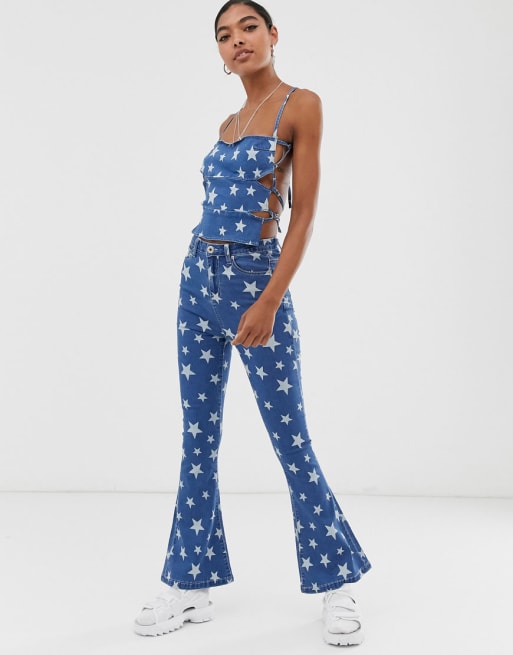 Star printed flare store jeans