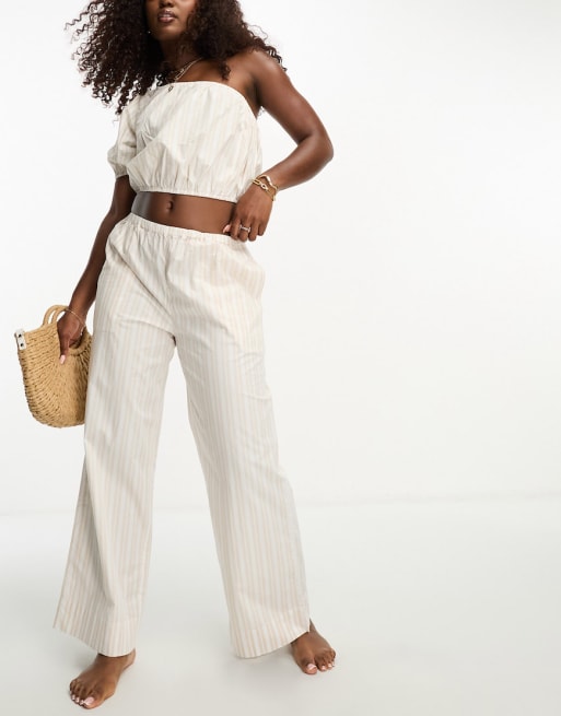 Onia poplin one shoulder beach set in cream stripes
