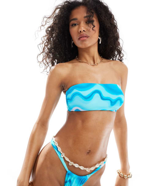 ONLY bandeau bikini top & bottom co-ord in blue wave print - view 1