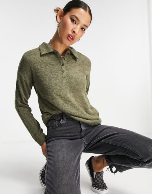 Only - Coordinato con maglione stile polo e pantaloni lavorati a maglia, colore kaki