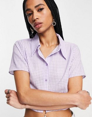 Only cropped shirt co-ord in lilac gingham