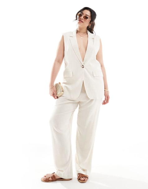 ONLY Curve linen blend tailored co-ord in cream - view 1