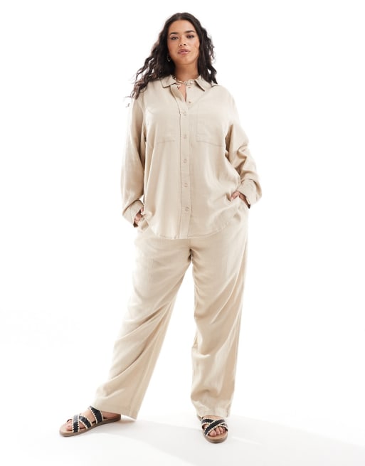 ONLY Curve linen mix set in beige