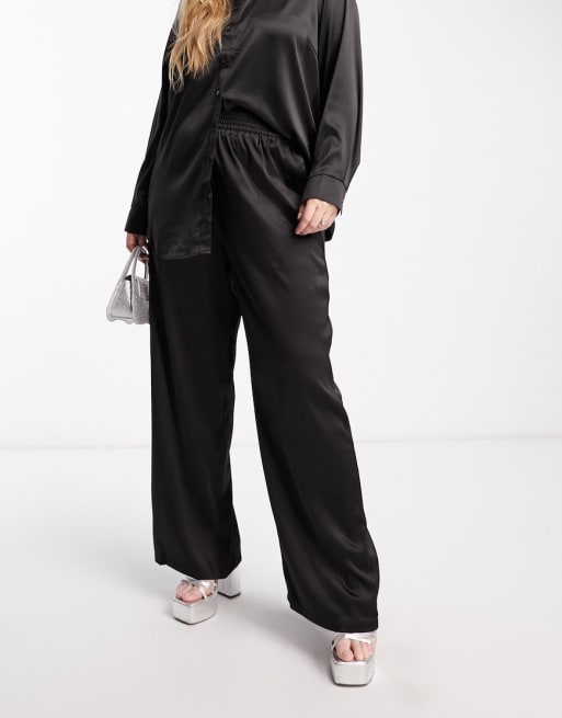 Only Curve satin shirt and wide leg pants set in black | ASOS