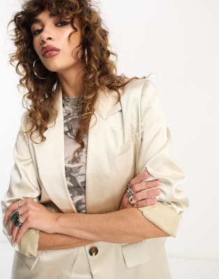 Only oversized satin blazer and high waisted palazzo trouser in champagne  ASOS