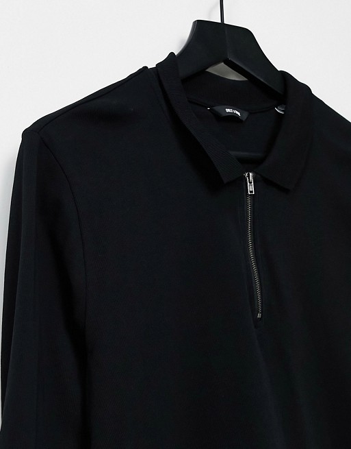 Only & Sons co-ord long sleeved zip polo in cotton black - BLACK