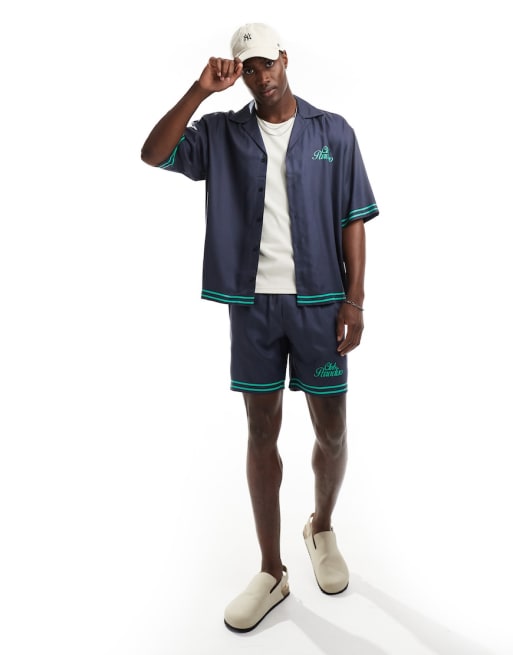 Only & Sons - Co-ord set met overhemd en short met print in marineblauw