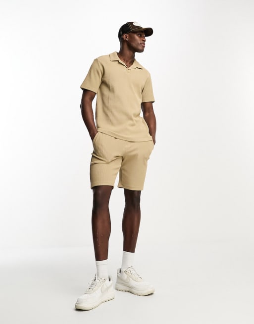 Only & Sons ribbed polo & short co-ord in beige | ASOS