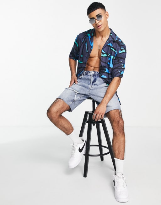 Only & Sons short sleeve shirt and shorts co-ord in enlarge palm print in blue -