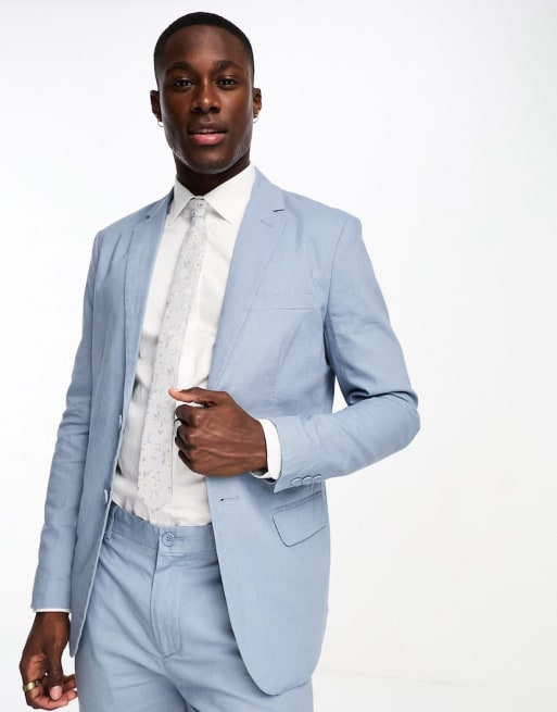 Only & Sons slim fit linen mix suit in light blue | ASOS