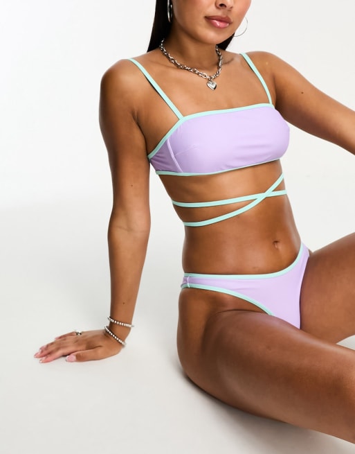 Only tie waist bikini top and bottoms co-ord in lilac and turquoise