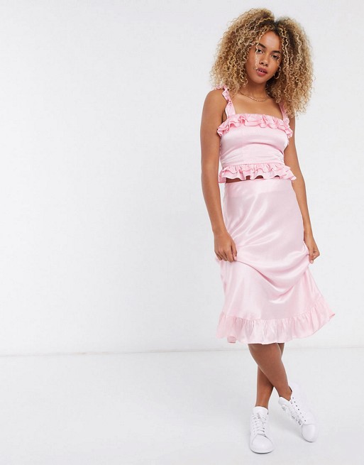 & Other Stories satin ruffle midi skirt in pink