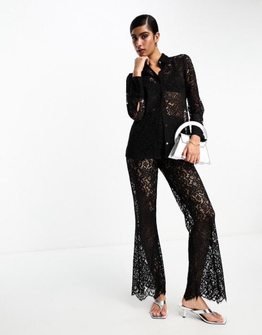 & Other Stories sheer lace long sleeve shirt and flared pants set
