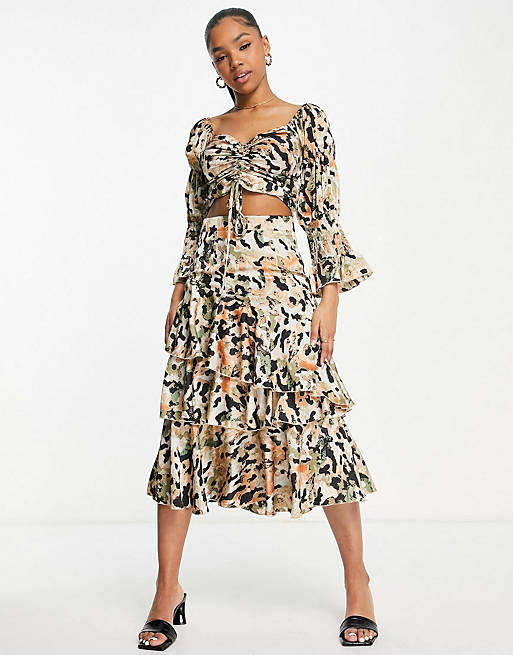 Outrageous Fortune off shoulder top and midi skirt in floral co-ord