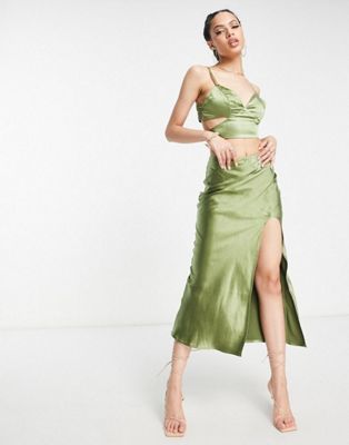 Parallel Lines satin tie back crop top and midi skirt with split in khaki