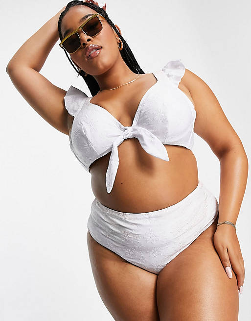 Peek & Beau Curve Exclusive high waist bikini top and bottom in white broderie a