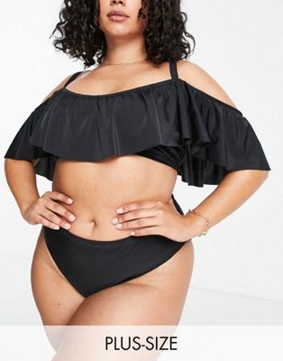 Peek & Beau Curve Exclusive off shoulder frill bikini in black - BLACK