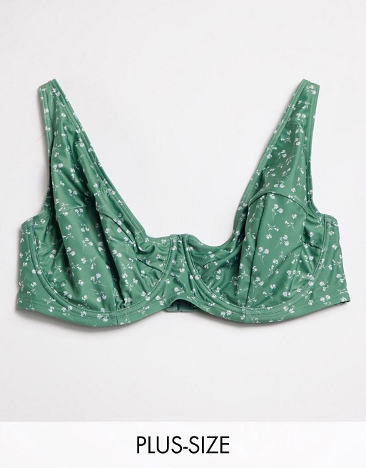 Peek & Beau Curve Exclusive high waist bikini bottom with tie waist in green floral