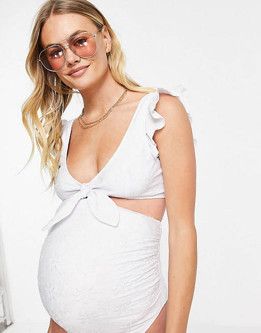 Peek & Beau Maternity Exclusive tie front bikini top and bottom in white broderi