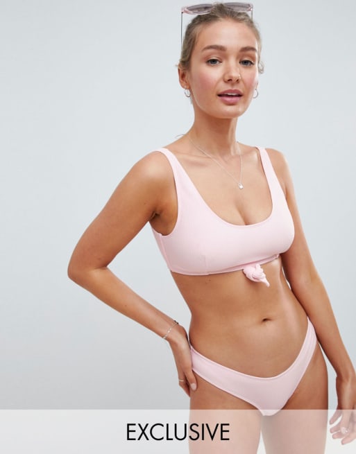  Peek & Beau – Większe rozmiary biustu – Pudroworóżowe prążkowane bikini z topem z ozdobnym węzłem, miseczka DD - G