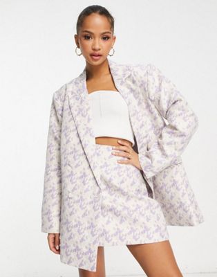 Pieces blazer and mini skirt co-ord in lilac jacquard | ASOS