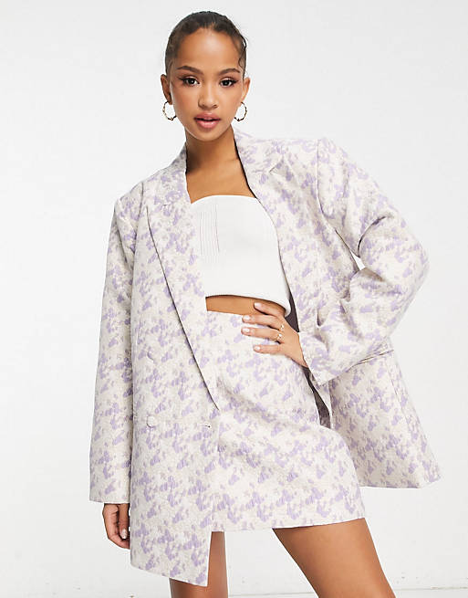 Pieces blazer and mini skirt set in lilac jacquard